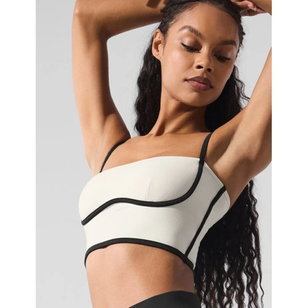 Alo Airbrush Streamlined Bra Tank Ivory Black Padded Sports Bralette Crop Top XS